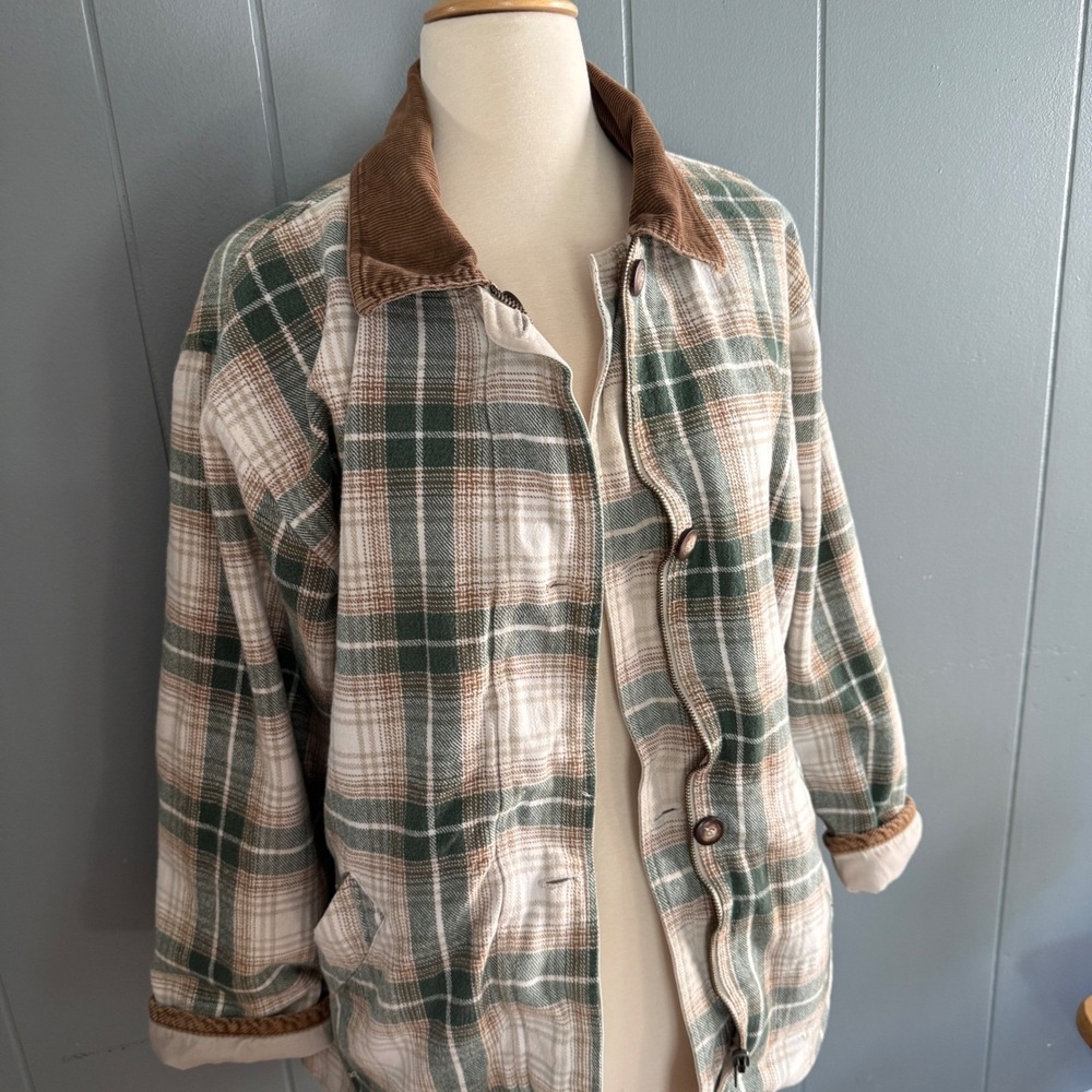 Brandon Thomas Green & Cream Plaid Utility Jacket with Brown Corduroy Collar